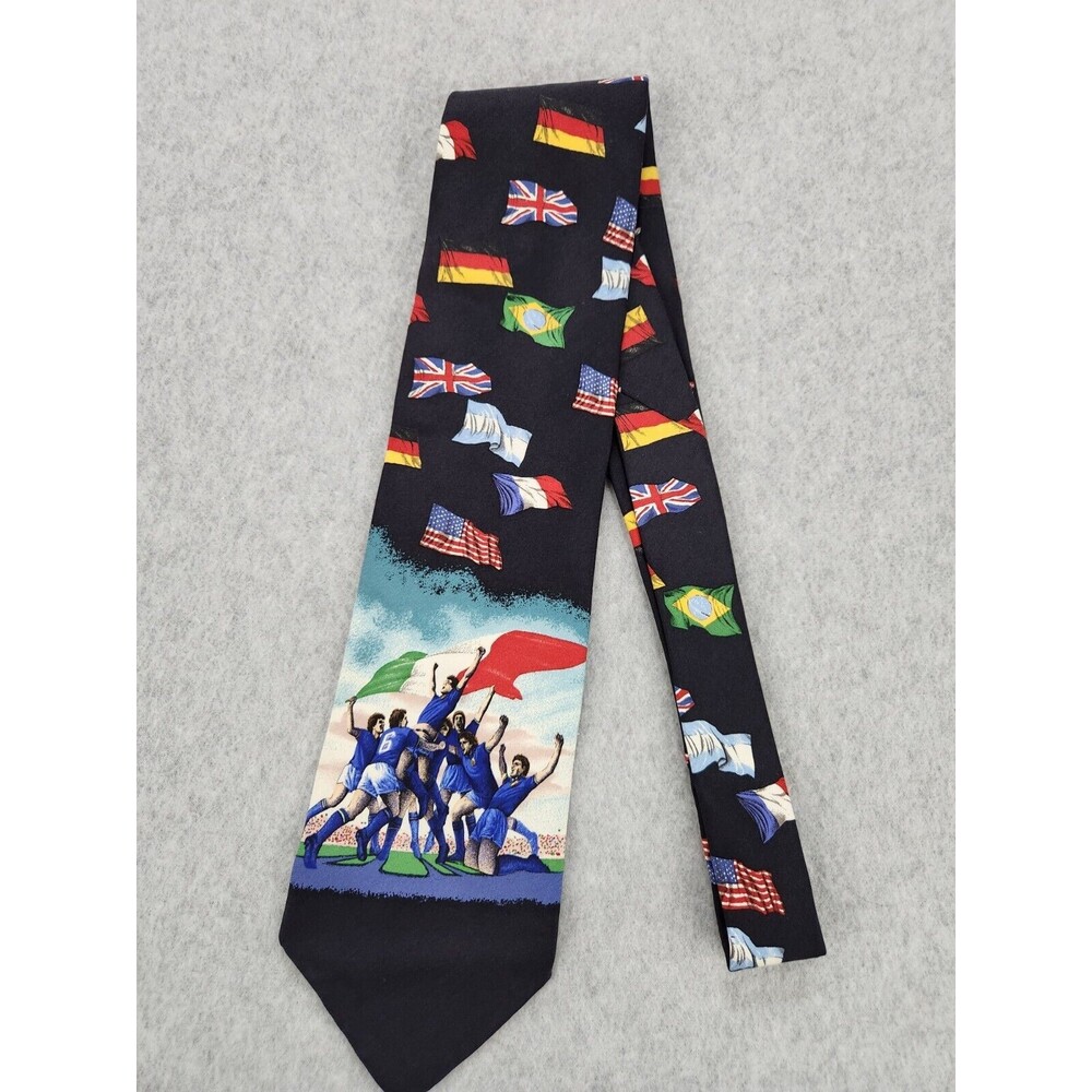 Vintage Structure Denim Mens Necktie Tie Silk Flags‎ Italy Soccer USA Italian